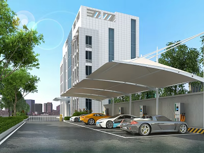 Modern White Building Solar Canopy Car Parking With Electric Vehicle Chargers And Green Trees 3d model