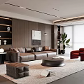 Modern Living Room Interior With Brown Leather Sofa Red Accent Chair And Round Coffee Table