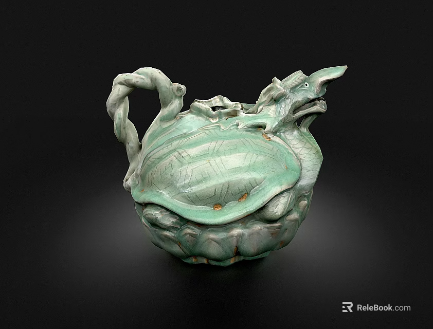 Green Ceramic Vessel With Lotus Leaf Pattern And Dragon Shaped Decoration 3d model 