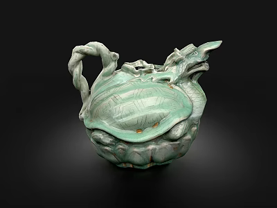 Green Ceramic Vessel With Lotus Leaf Pattern And Dragon Shaped Decoration 3d model
