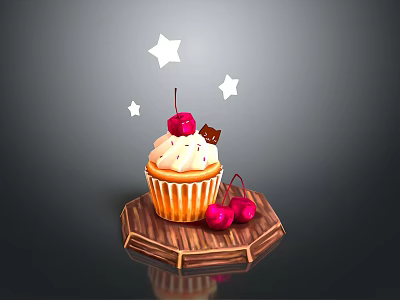 Delicious Cupcake With White Frosting Cherries And Star Decorations On Wooden Tray 3d model