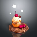 Delicious Cupcake With White Frosting Cherries And Star Decorations On Wooden Tray