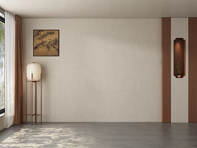 Minimalist Beige Sofa Background Wall With Chinese Painting Wooden Accents And Wall Lamp Interior Design 3d model