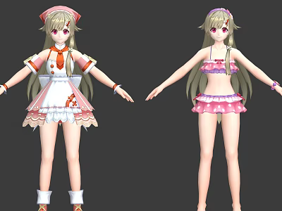 Anime Game Character With Blonde Hair Pink Eyes In Maid And Bikini Outfits 3d model