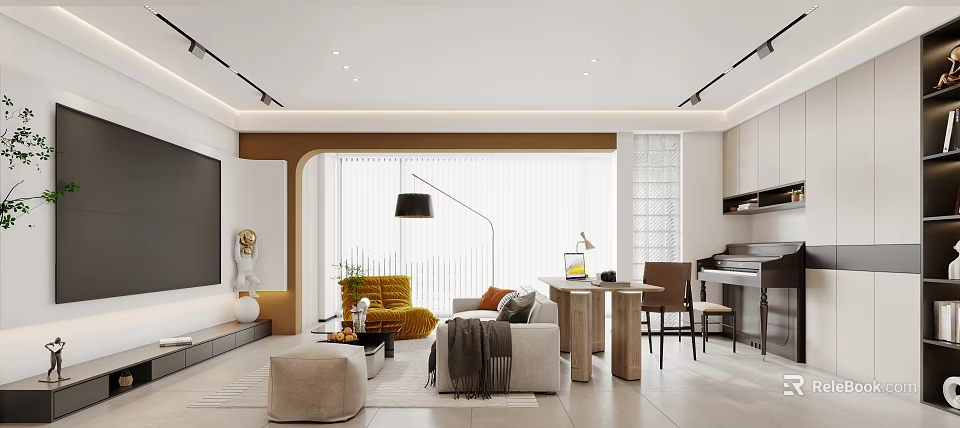 Modern Living Dining Room Interior With Sofa Coffee Table Floor Lamp Dining Table And Chairs 3d model