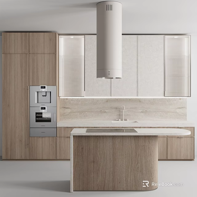Modern Kitchen Interior With Wooden Cabinets White Countertop Island Range Hood And Appliances 3d model 