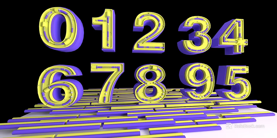 Decorative Ornament Set Featuring 3D Number Figures in Vibrant Yellow and Purple Colors 3d model 