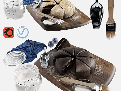 Sliced Chocolate Cake on Wooden Board with Powdered Sugar and Glass Jars 3d model