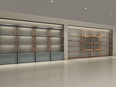 Modern Metal Display Shelves With Drawers And Open Racks In Exhibition Hall 3d model
