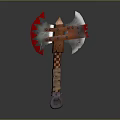 Fantasy Axe Weapon With Red And White Blades Wooden Checkered Handle Design