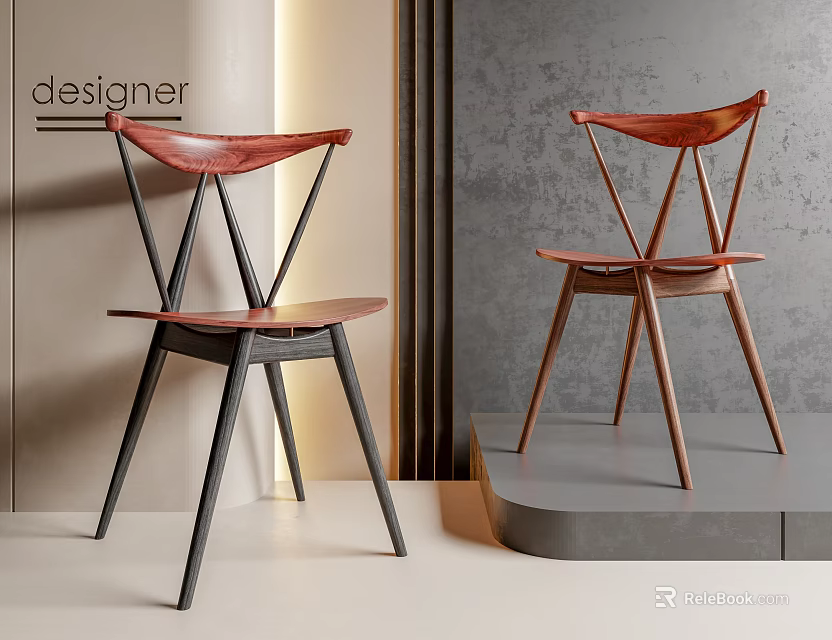 Modern Designer Dining Chairs With Curved Wooden Backrest And Contrasting Legs Design 3d model 