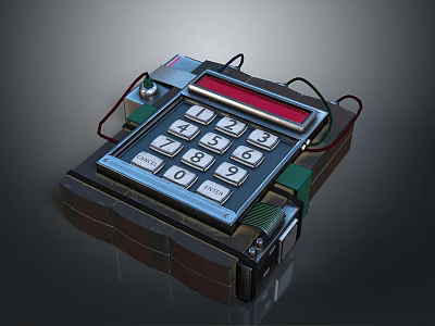 Retro Computer With Numeric Keypad Red Display Wires And Vintage Design Base 3d model