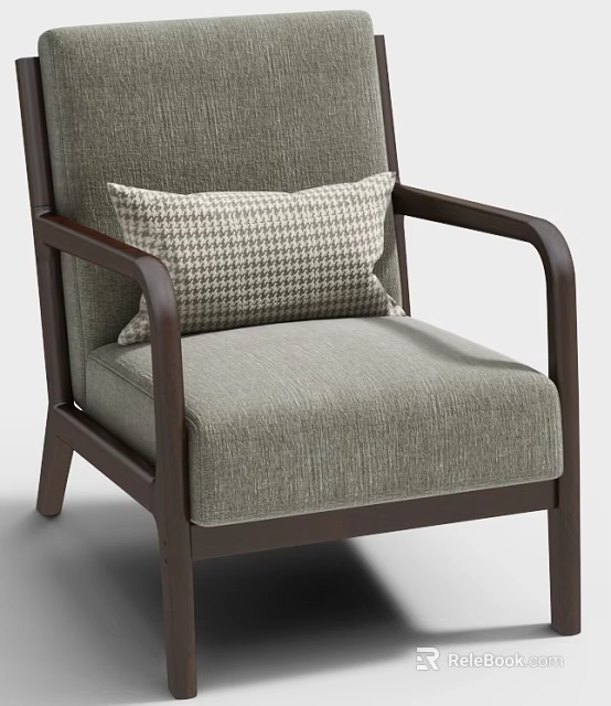 Stylish Gray Upholstered Accent Chair with Wooden Arms and Houndstooth Pillow 3d model 