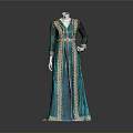 Elegant Teal Long Dress With Gold Trim And Belt For Formal Attire