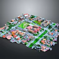 3D City Model Featuring Central Green Square And Surrounding Residential Buildings