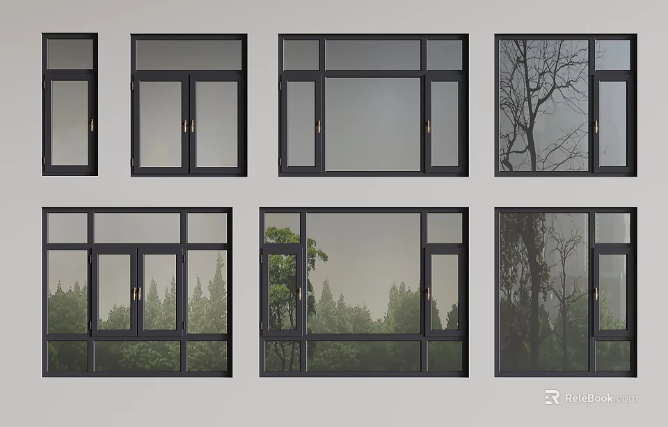 Casement Windows Various Designs With Forest View And Modern Black Frames 3d model