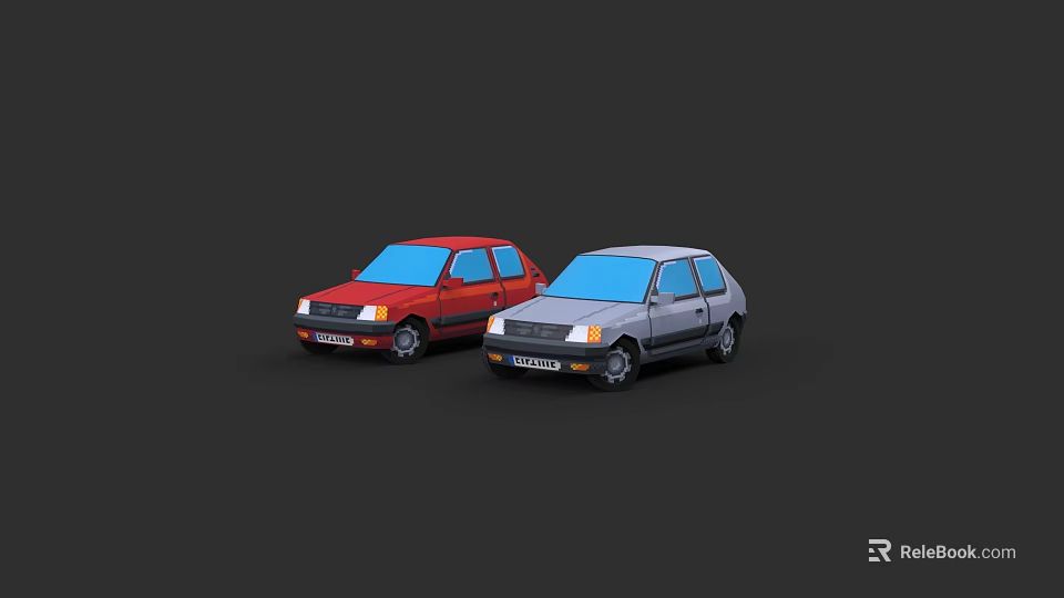 Two Red and Gray Small Cars Parked Side by Side on Dark Background 3d model 
