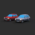Two Red and Gray Small Cars Parked Side by Side on Dark Background