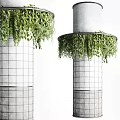 Decorative Concrete Columns With Hanging Green Vines And Grid Pattern Design 3d model