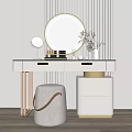 Modern Dressing Table with Round Mirror Cosmetics and Upholstered Stool in Minimalist Interior