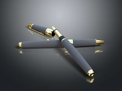 Elegant Gray Pens With Gold Tips On Black Smooth Surface And Shiny Reflections 3d model