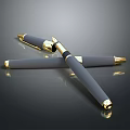 Elegant Gray Pens With Gold Tips On Black Smooth Surface And Shiny Reflections 3d model