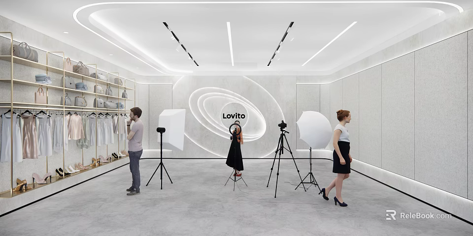 Modern Public Office Space with Tripods Softboxes Lovito Logo and Clothing Racks 3d model 