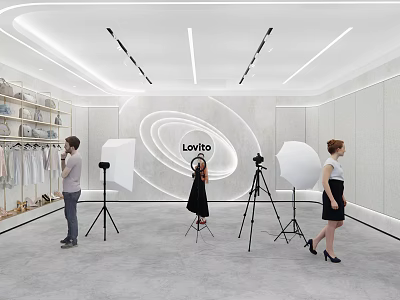 Modern Public Office Space with Tripods Softboxes Lovito Logo and Clothing Racks 3d model