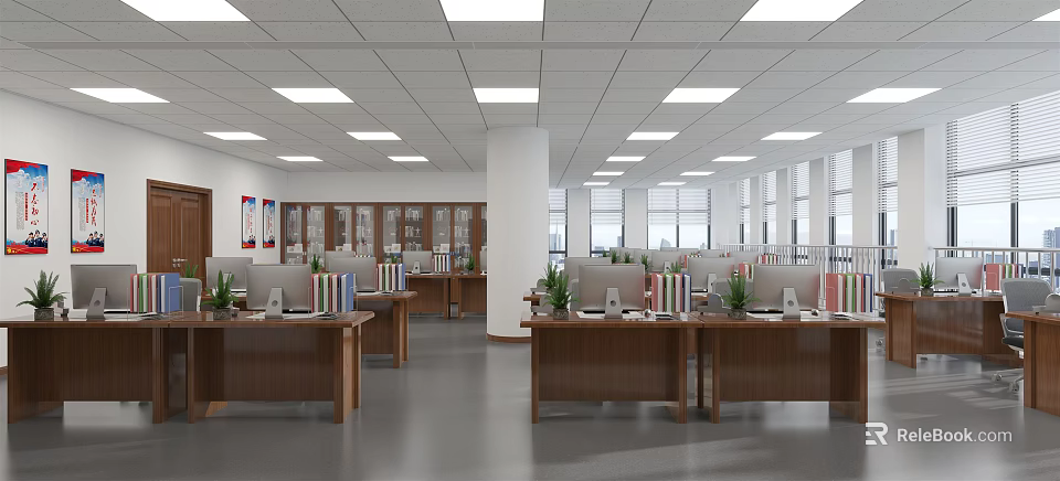 Public Office Space Featuring Wooden Desks Computers Plants Large Windows And Ceiling Lights 3d model