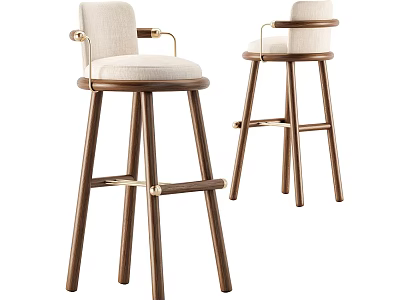 Modern Wooden Bar Stools With Elegant Beige Upholstered Cushion And Metal Accents 3d model
