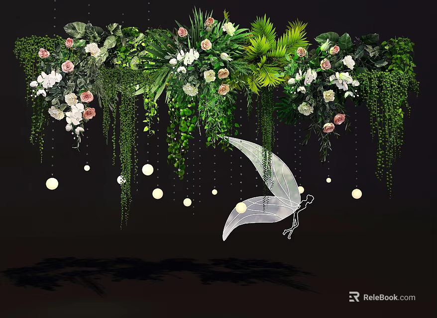 Lush Living Plant Wall with White Pink Flowers Hanging Vines Small Lights and Butterfly Decoration 3d model 