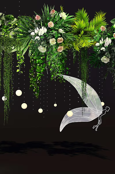Lush Living Plant Wall with White Pink Flowers Hanging Vines Small Lights and Butterfly Decoration 3d model