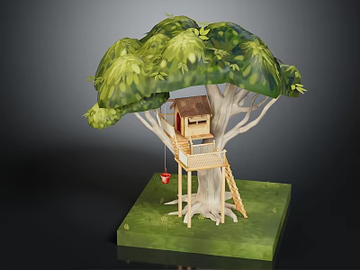 Wooden Tree House With Green Leafy Canopy Small Cabin Wooden Ladder And Grass Base 3d model