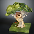 Wooden Tree House With Green Leafy Canopy Small Cabin Wooden Ladder And Grass Base