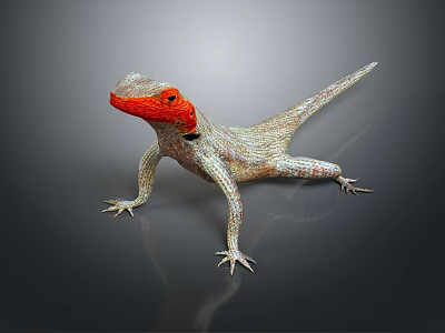 Reptile Lizard With Red Head Light Colored Patterned Body On Dark Background With Reflection 3d model