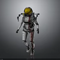 Biological Astronaut Character Walking In White Red Spacesuit With Yellow Helmet On Gray Background