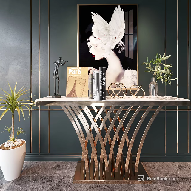 Modern Console Table With Metallic Frame Decorative Items Paris Book Sculpture And Green Plant 3d model 