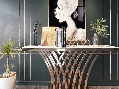Modern Console Table With Metallic Frame Decorative Items Paris Book Sculpture And Green Plant 3d model