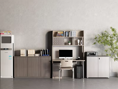 Modern Wooden Desk With Computer Bookshelf Books Folders Printer And Green Plant 3d model