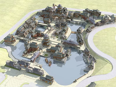 Ancient Architecture Complex with Traditional Buildings Water Ponds Stone Bridges and Classical Layout 3d model