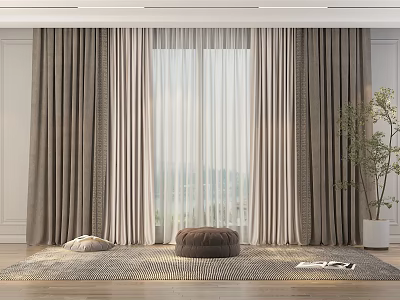 Gray And Beige Double Layer Curtains In Modern Interior With Floor Cushions And Green Plant 3d model