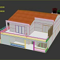 Cartoon Scene of White House Model With Red Roof Black Chimneys and Balcony White Railings
