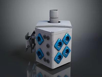 Gray Cubic Industrial Component With Blue Hexagonal Holes Top Cylindrical Part And Side Metal Fitting 3d model