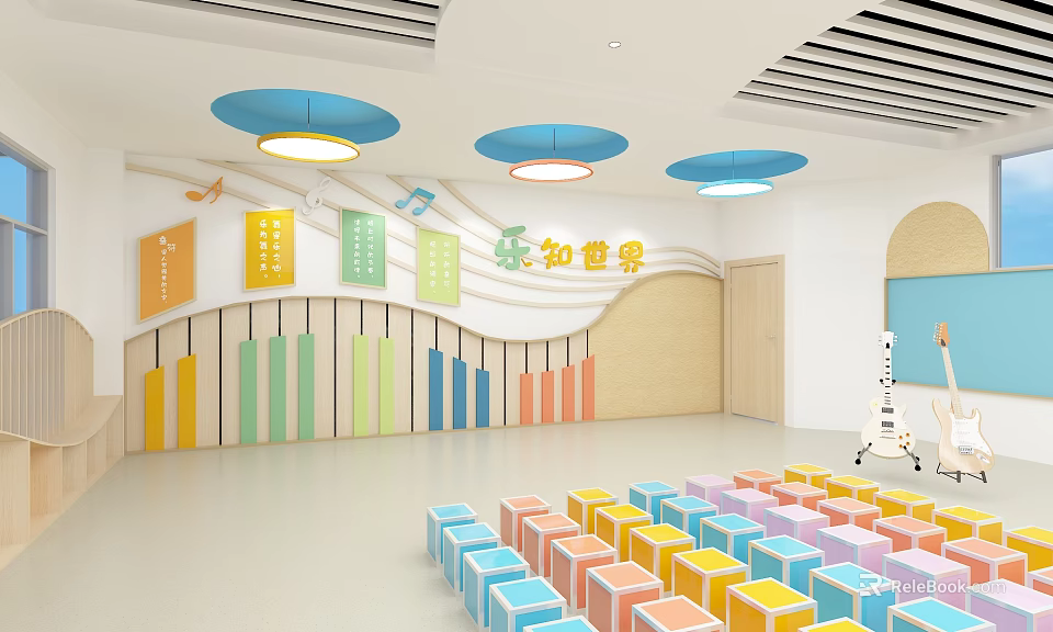 Vibrant Preschool Music Classroom With Colorful Cube Seats Music Note Decorations And Blue Pendant Lights 3d model 