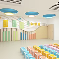 Vibrant Preschool Music Classroom With Colorful Cube Seats Music Note Decorations And Blue Pendant Lights