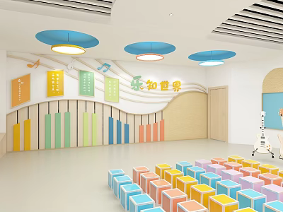 Vibrant Preschool Music Classroom With Colorful Cube Seats Music Note Decorations And Blue Pendant Lights 3d model