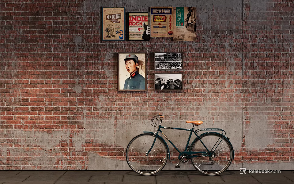 Vintage Bicycle Leaning Against Brick Wall With Retro Posters And 3d model 