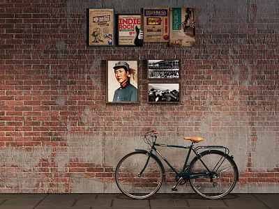 Vintage Bicycle Leaning Against Brick Wall With Retro Posters And 3d model