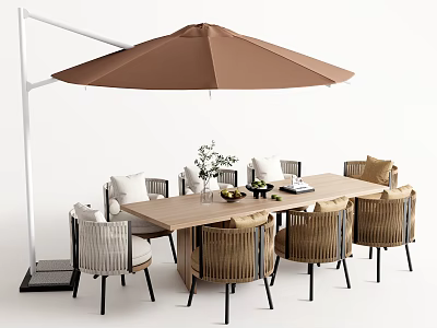 Outdoor Patio Table with Brown Umbrella and Wicker Chairs for Garden Dining Area 3d model