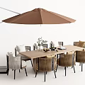 Outdoor Patio Table with Brown Umbrella and Wicker Chairs for Garden Dining Area